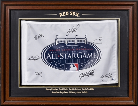 2008 All-Star Game Golf Flag Signed By 7 Boston Red Sox All-Stars Including Ramirez, Ortiz, Drew & Pedroia in 29x23 Framed Display (MLB Authenticated)